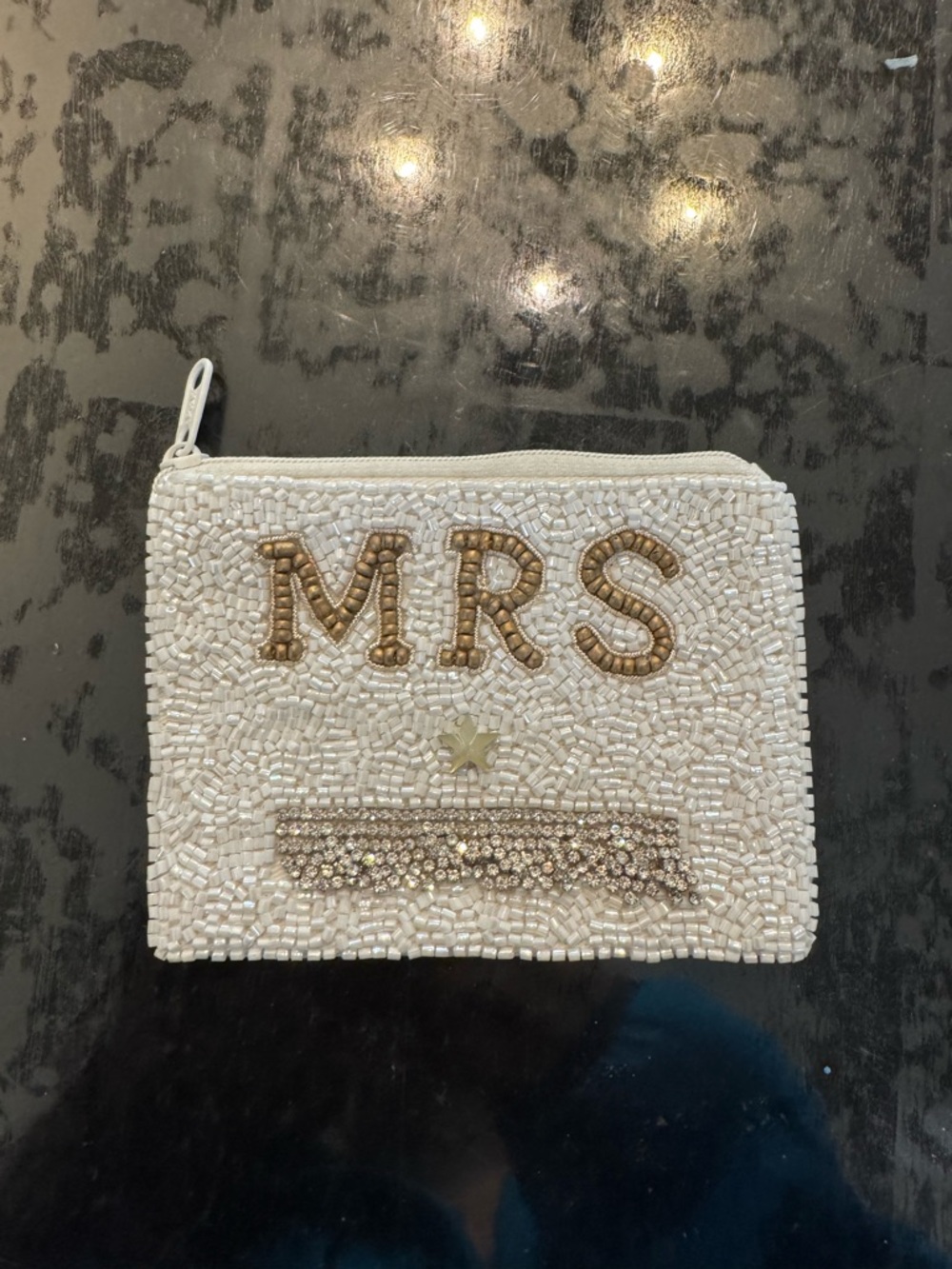 Embellished 'MRS' Beaded Coin Purse - White & Gold
